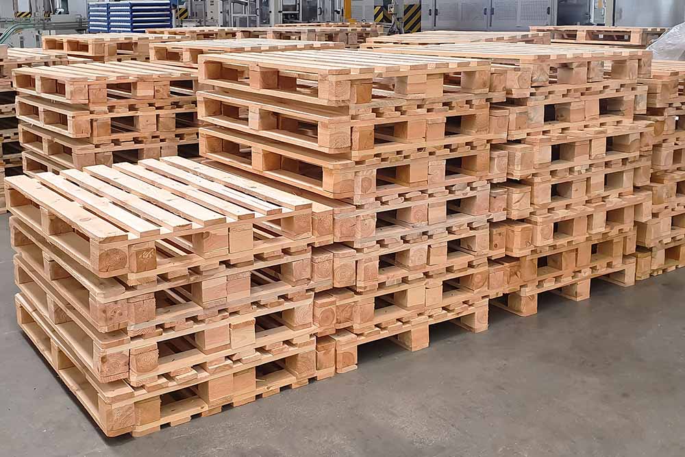 Wooden pallets in the production warehouse.