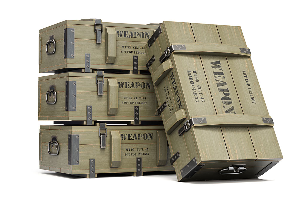 Military wooden crates with weapon and army ammunition isolated