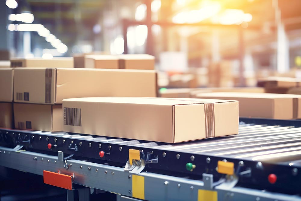 Cardboard boxes move along the warehouse conveyor belt.