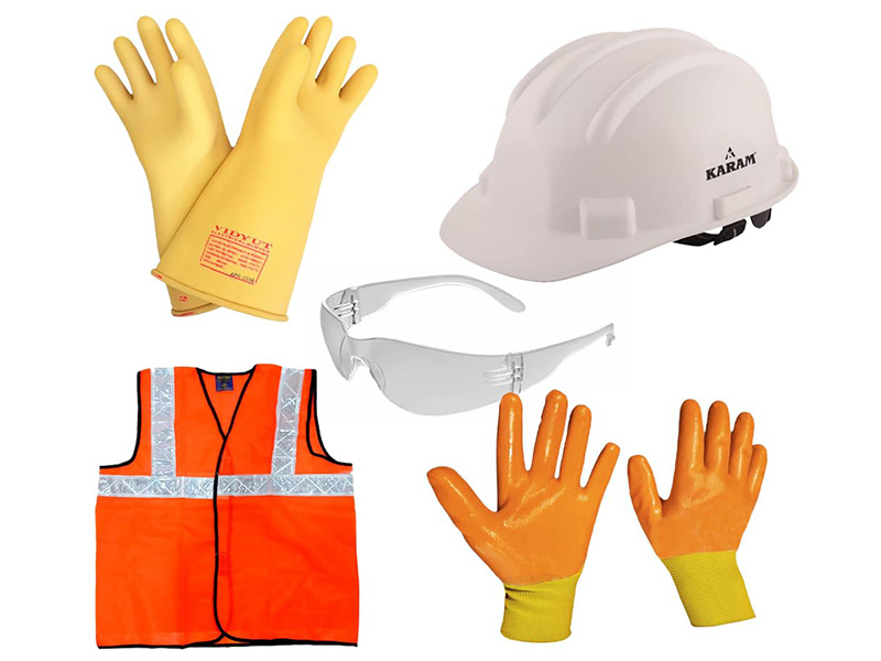 safety and ppe equipment, including vest, helmet, gloves, glasses