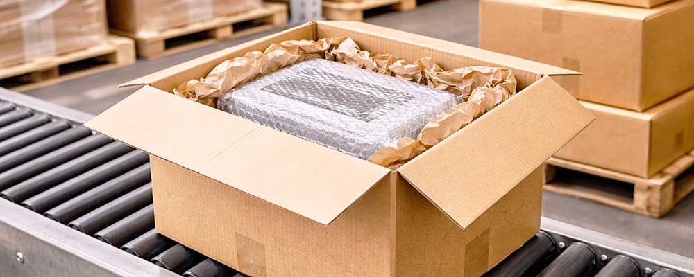 product inside cardboard box with cushioning materials
