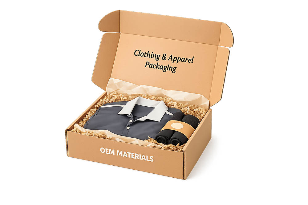 clothing and apparel packaging box with clothes and cushioning materials inside