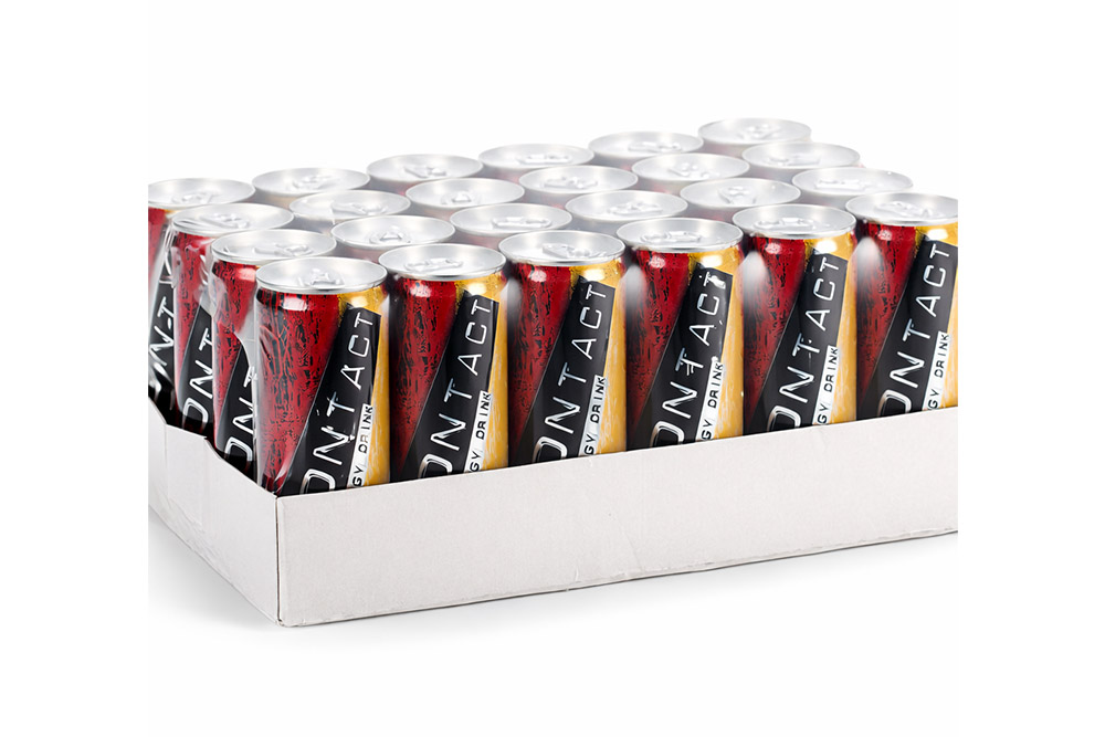contact energy drink with stretch film applied to beverage box