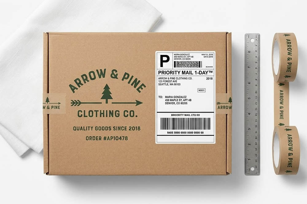 custom apparel and clothing packaging with shipping label on box