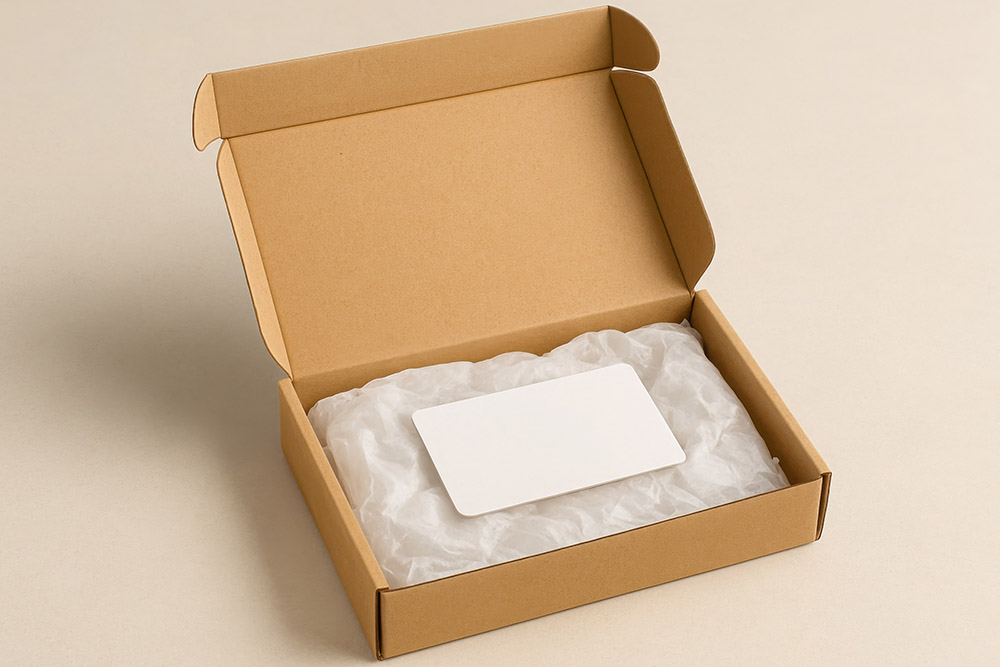 open cardboard box with tissue paper and blank business card on neutral background perfect for unboxing branding and ecommerce visuals