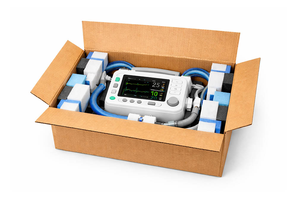 medical device protected by foam in cardboard box