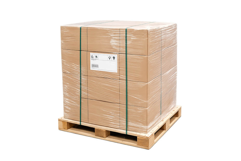 palletized load strapped in and wrapped in shrink wrap