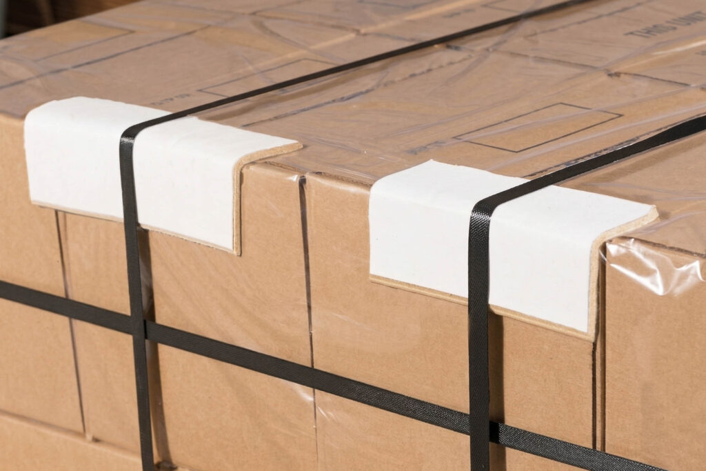 strapped down boxes on a pallet